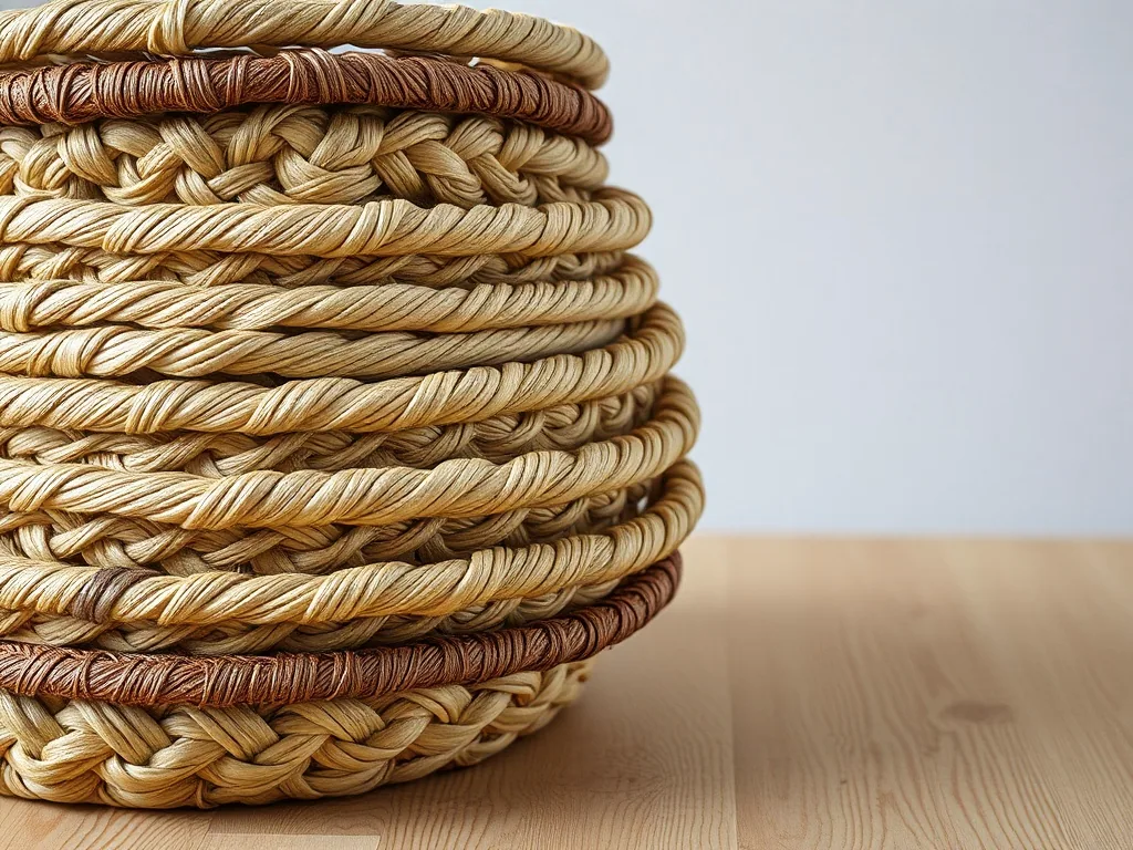 A stack of coiled fibre bowls, most of them natural straw with two banded in dyed brown, on a pale wooden table.