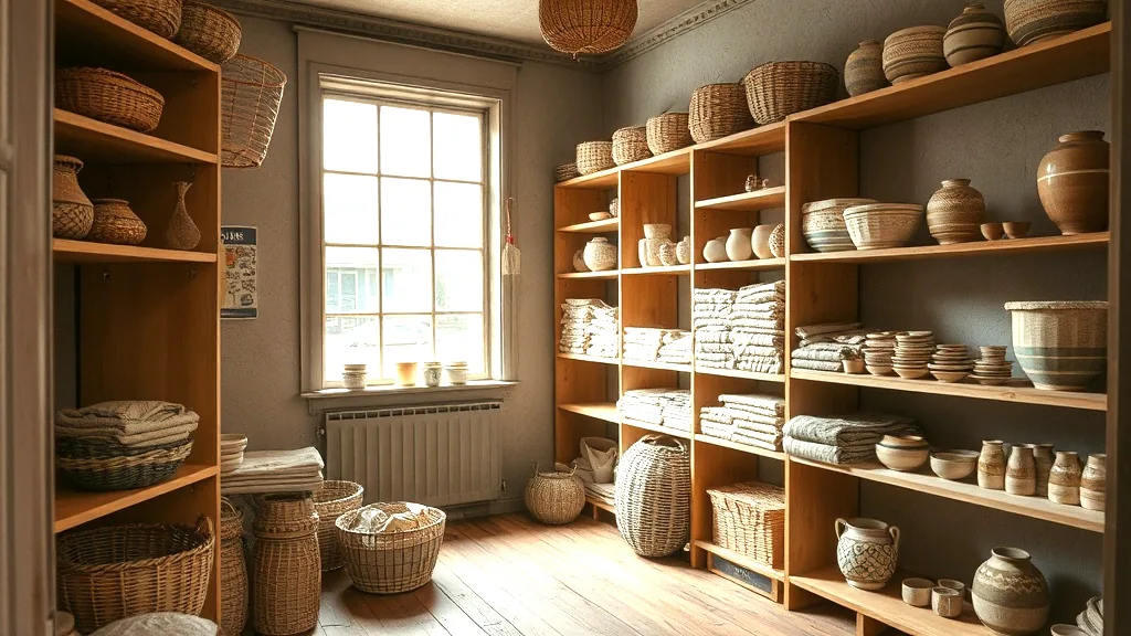 Wooden shelving in a small shop holding stacked baskets, folded textiles and plain pottery, lit by a tall window.