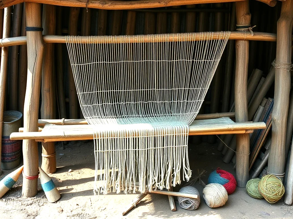 A backstrap loom strung with pale warp threads under a timber frame, balls of coloured yarn and shed sticks on the ground beside it.