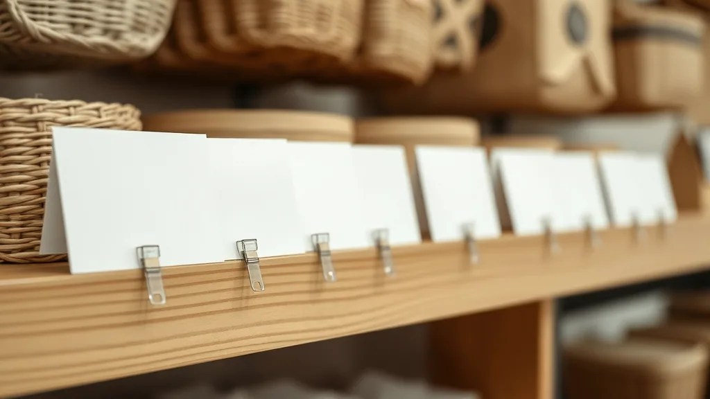 A row of blank white shelf edge cards clipped along a wooden shelf rail, woven baskets stacked behind them and out of focus.